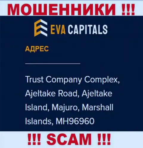На web-портале EvaCapitals Com приведен оффшорный юридический адрес организации - Trust Company Complex, Ajeltake Road, Ajeltake Island, Majuro, Marshall Islands, MH96960, будьте бдительны - это шулера