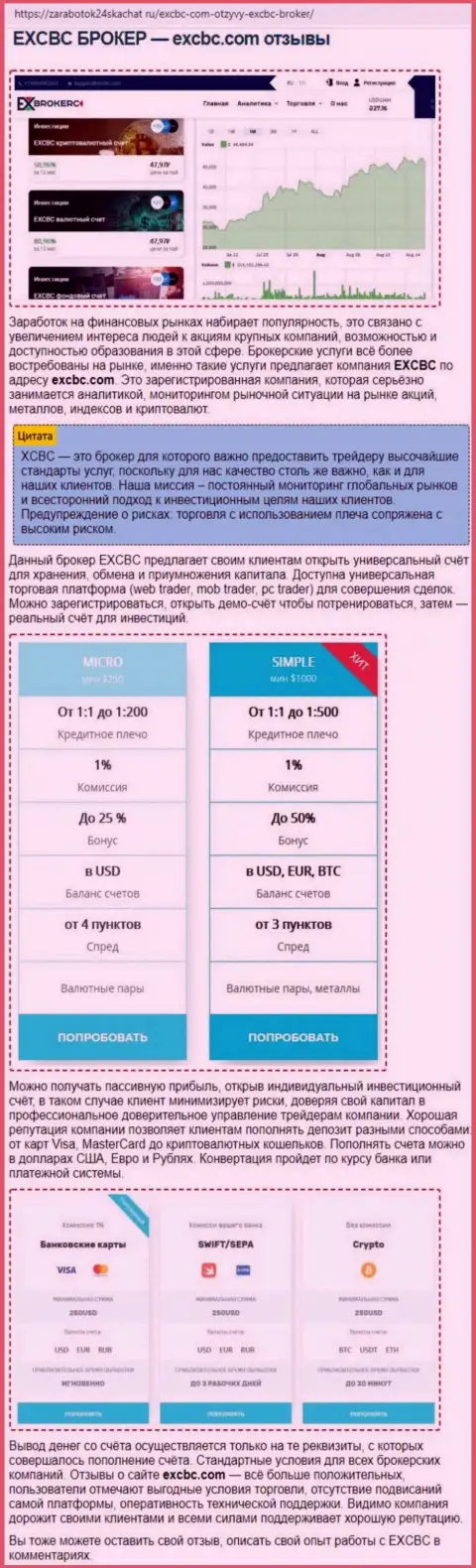 Сведения о Форекс брокерской компании EXCBC в обзорной публикации на web-портале Zarabotok24Skachat Ru
